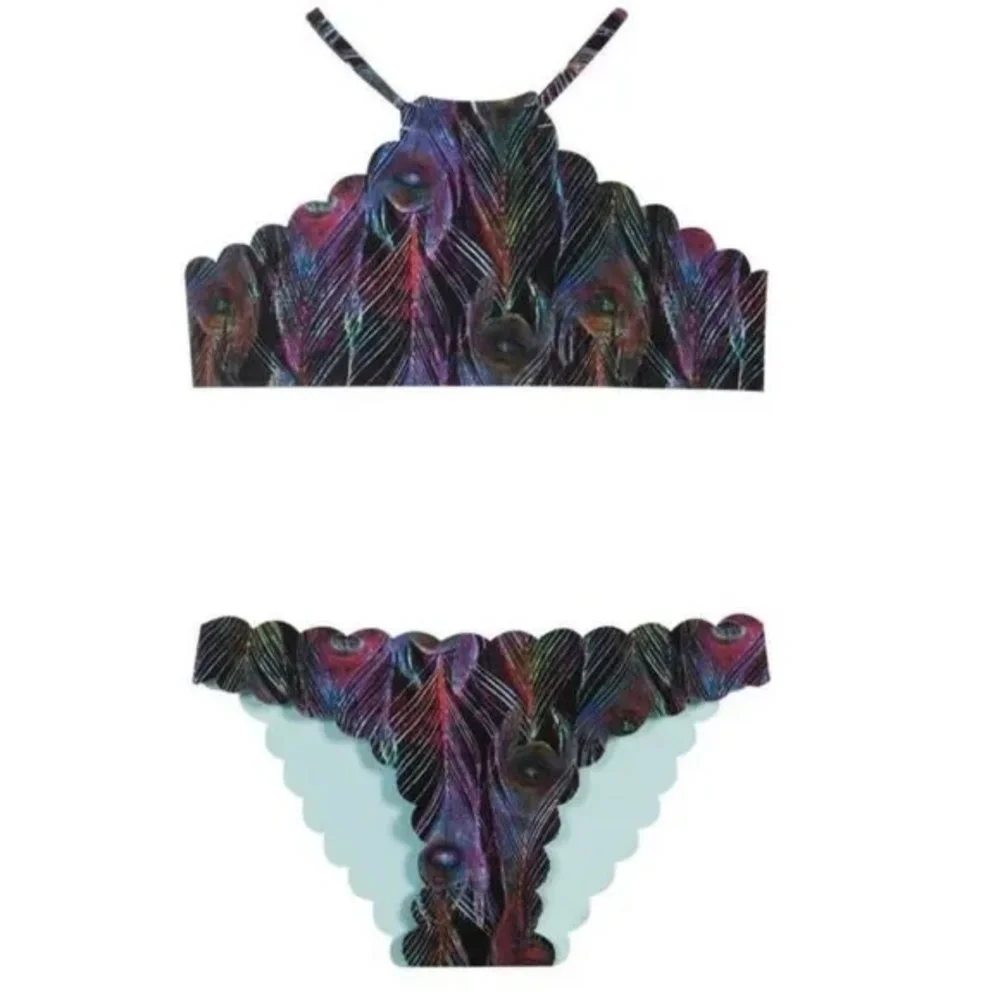 NWT PilyQ Girls Plume High Neck Scalloped Edge Reversible Two Piece Bikini